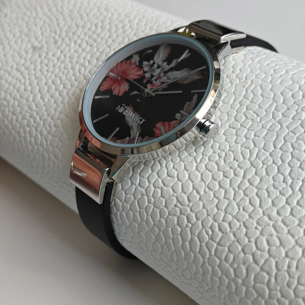 Nine West Womens Floral Dial Black Leather Strap Watch New Silver Tone‎ Steel
